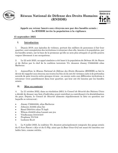 Armed groups calling residents home: the RNDDH urges the population to be careful