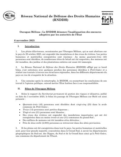 Hurricane Melissa: the RNDDH criticises the inadequacy of the measures adopted by the state