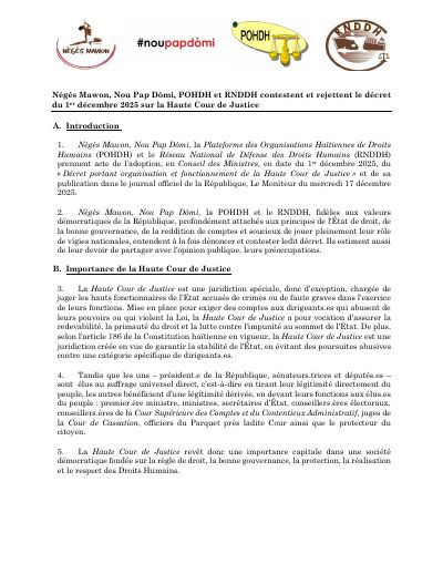 Nègès Mawon, Nou Pap Dòmi, POHDH and the RNDDH contest and reject the decree of 1 December 2025 on the High Court of Justice