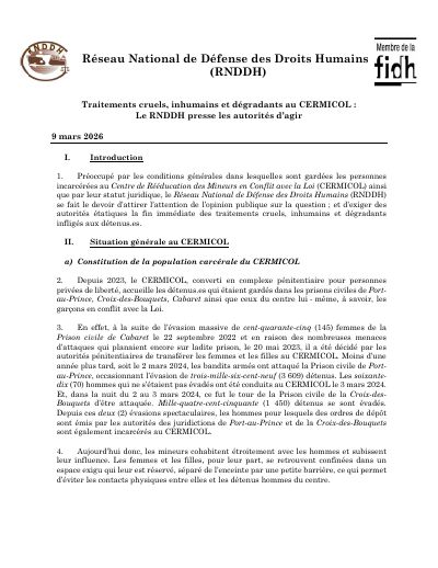 Cruel, inhuman and degrading treatment at CERMICOL: the RNDDH presses the authorities to act