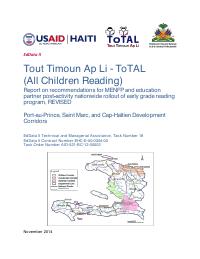 Tout Timoun Ap Li (ToTAL): Recommendations for MENFP and Education Partner Nationwide Rollout of the Early Grade Reading Program