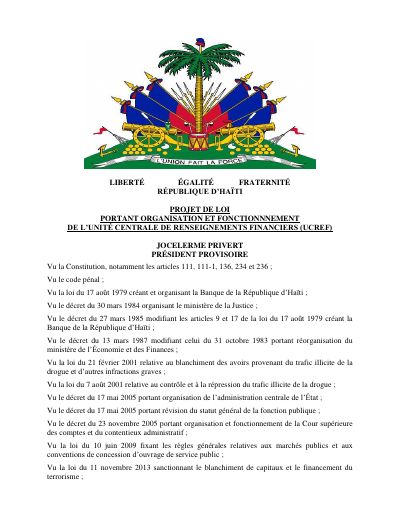 Draft law on the organisation and functioning of UCREF, version of 30 August 2016 under the Privert provisional presidency