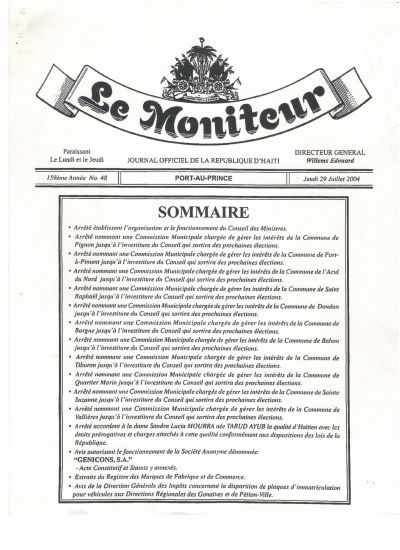 Arrêté establishing the organisation and functioning of the Council of Ministers, Le Moniteur No. 48 of 29 July 2004
