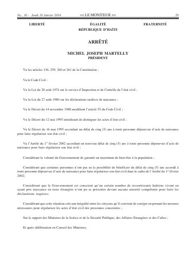 Arrêté granting any person without a birth certificate five years to regularise their civil status, Le Moniteur No. 10 of 16 January 2014
