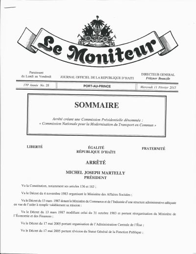 Arrêté creating the National Commission for the Modernisation of Public Transport, Le Moniteur No. 28 of 11 February 2015