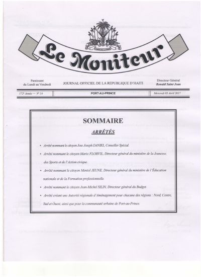 Arrêté creating a Regional Planning Authority for the North, Centre, South and West regions and the Port-au-Prince urban community, with director general appointments, Le Moniteur of 5 April 2017
