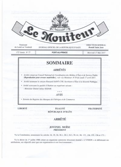 Arrêté creating the National Coordination Council for State and Public Service Media, reproduction for material errors, Le Moniteur No. 77 of 17 May 2017
