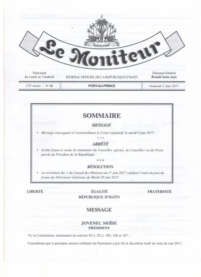 Arrêté fixing the pay of the Special Adviser, Adviser and Spokesperson of the President, Le Moniteur No. 86 of 2 June 2017