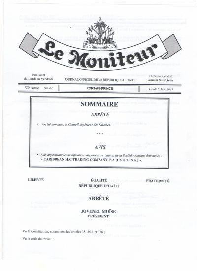 Arrêté nommant le Conseil supérieur des Salaires, Le Moniteur no 87 du 5 juin 2017