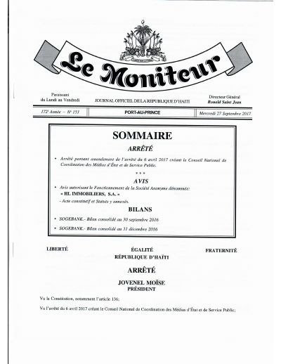 Arrêté amending the arrêté of 6 April 2017 creating the National Coordination Council for State and Public Service Media, Le Moniteur No. 153 of 27 September 2017