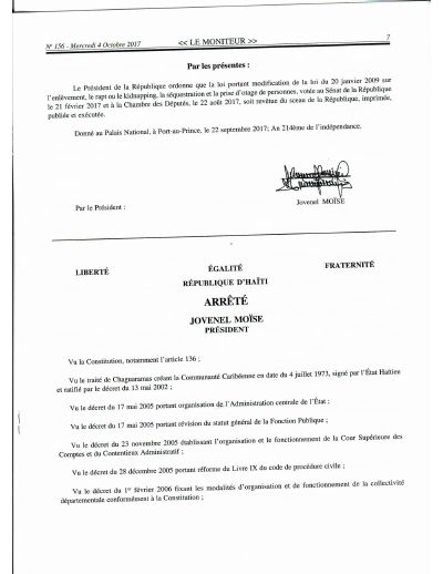 Arrêté empowering central administration institutions to design and implement development plans, programmes and projects, Le Moniteur No. 156 of 4 October 2017
