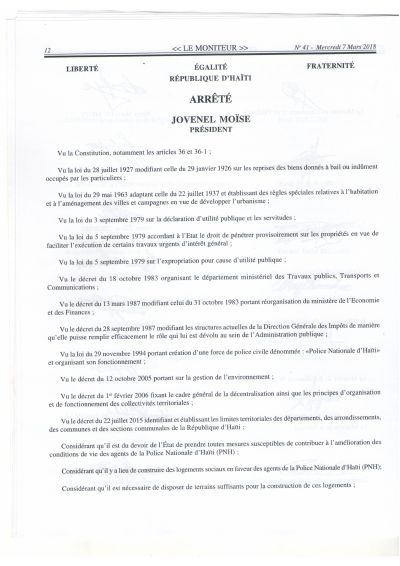 Arrêté declaring of public utility a property at rue Charles Kawas, Delmas 33, Le Moniteur No. 41 of 7 March 2018