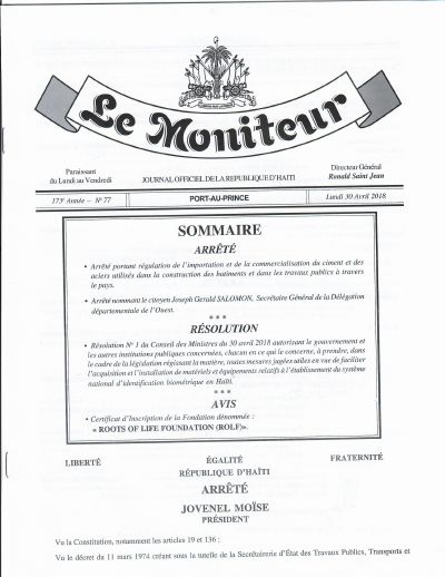 Arrêté regulating the import and sale of cement and construction steel, Le Moniteur No. 77 of 30 April 2018