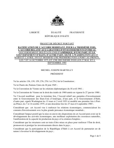 Draft decree ratifying the third amendment to the 1953 Haiti-United States investment guarantees agreement