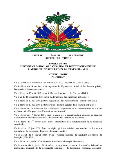 Draft law creating the Energy Regulatory Authority (ARE)