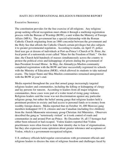 International Religious Freedom Report 2021: Haiti