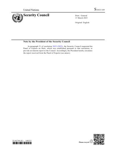 Interim Report of the Panel of Experts on Haiti, S/2023/189
