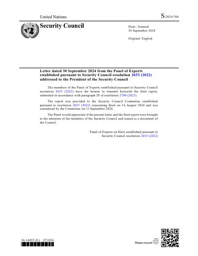 Final Report of the Panel of Experts on Haiti, S/2024/704