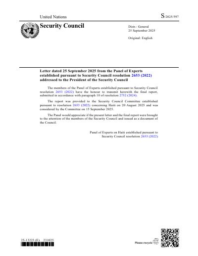 Final Report of the Panel of Experts on Haiti, S/2025/597