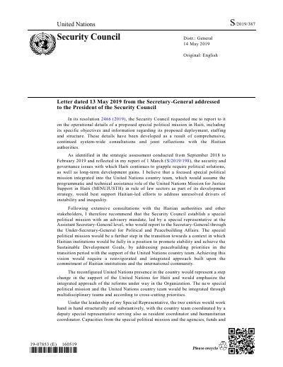 S/2019/387: Letter from the Secretary-General on the operational details of a proposed special political mission in Haiti