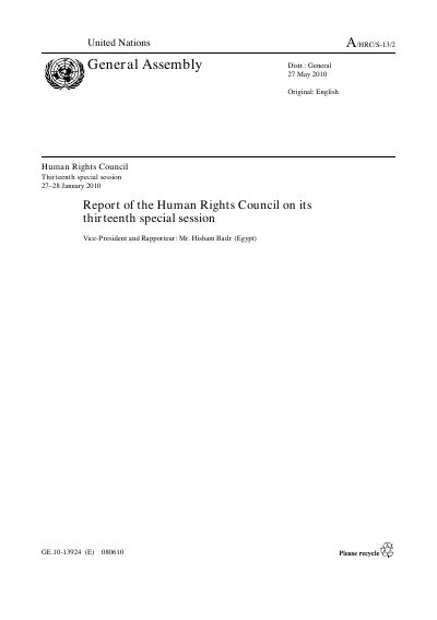 A/HRC/S-13/2: Report of the Human Rights Council on its thirteenth special session, on Haiti after the earthquake of 12 January 2010