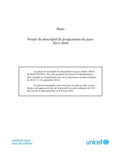 E/ICEF/2012/P/L.30: Descriptif de programme de pays de l'UNICEF pour Haïti, 2013-2016