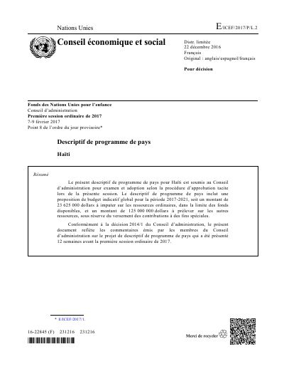 E/ICEF/2017/P/L.2: UNICEF Country Programme Document for Haiti, 2017-2021