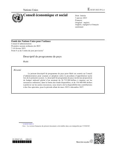 E/ICEF/2023/P/L.6: UNICEF Country Programme Document for Haiti, 2023-2027