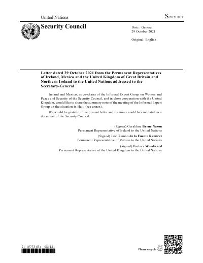 S/2021/907: Informal Expert Group on Women and Peace and Security, summary of the meeting on Haiti of 29 September 2021