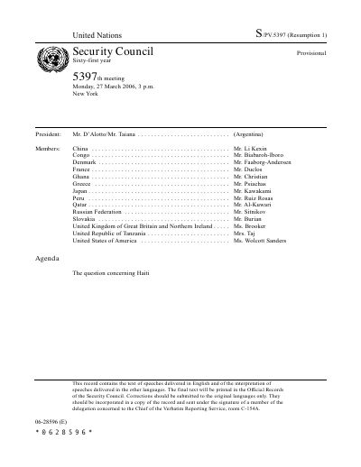 S/PV.5397 (Resumption 1): Security Council meeting on Haiti, 2006-03-27