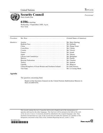 S/PV.6186: Security Council meeting on Haiti, 2009-09-09
