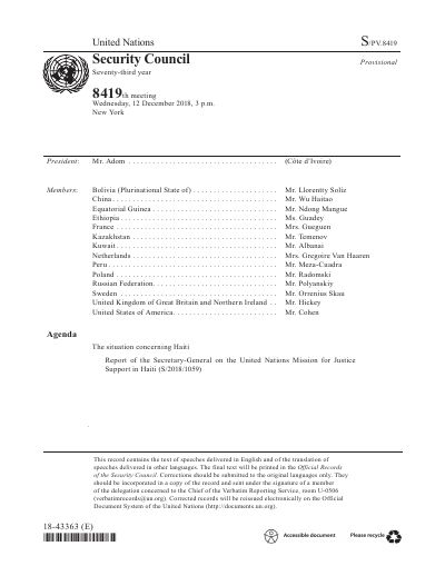 S/PV.8419: Security Council meeting on Haiti, 2018-12-12