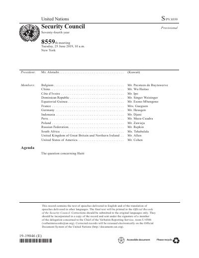 S/PV.8559: Security Council meeting on Haiti, 2019-06-25
