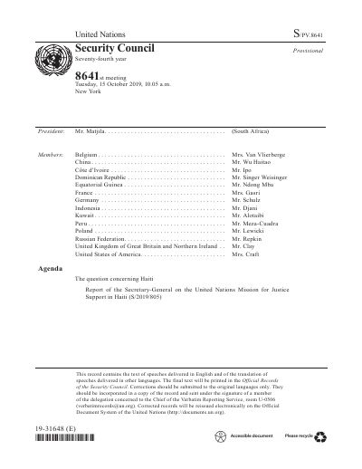 S/PV.8641: Security Council meeting on Haiti, 2019-10-15
