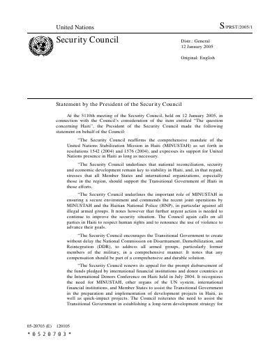 S/PRST/2005/1: Statement by the President of the Security Council on Haiti