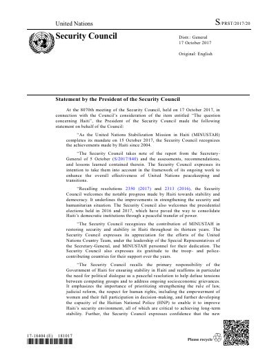 S/PRST/2017/20: Deklarasyon Prezidan Konsèy Sekirite a sou Ayiti