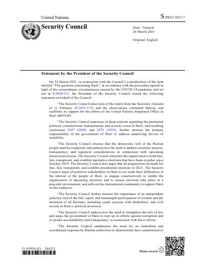 S/PRST/2021/7: Statement by the President of the Security Council on Haiti