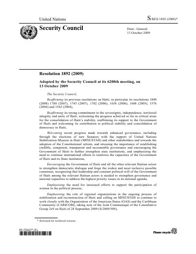 Security Council Resolution 1892 (2009)