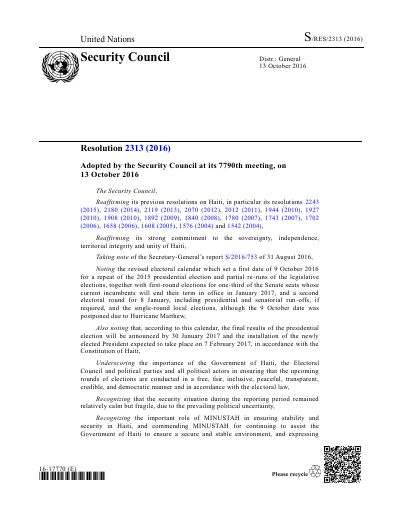 Security Council Resolution 2313 (2016)