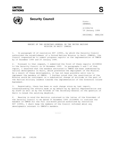UNMIH - Report of the Secretary-General on the United Nations Mission in Haiti (S/1994/54)