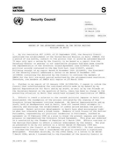 UNMIH - Report of the Secretary-General on the United Nations Mission in Haiti (S/1994/311)