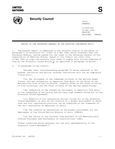 Report of the Secretary-General on the Question Concerning Haiti (S/1994/593)