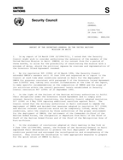 UNMIH - Report of the Secretary-General on the United Nations Mission in Haiti (S/1994/765)