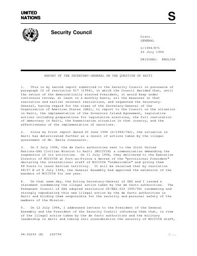 Report of the Secretary-General on the Question of Haiti (S/1994/871)
