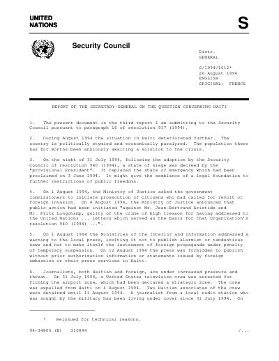 Report of the Secretary-General on the Question Concerning Haiti (S/1994/1012)