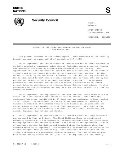 Report of the Secretary-General on the Question Concerning Haiti (S/1994/1143)