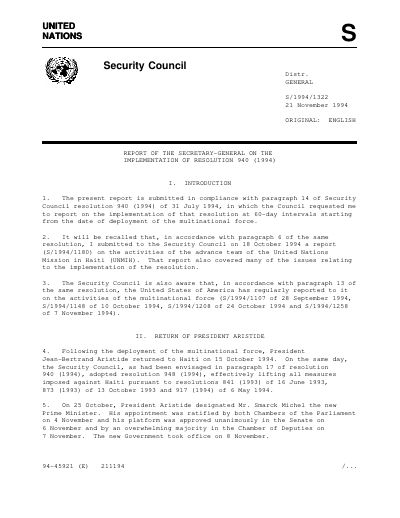 UNMIH - Report of the Secretary-General on the Implementation of Resolution 940 (1994) (S/1994/1322)