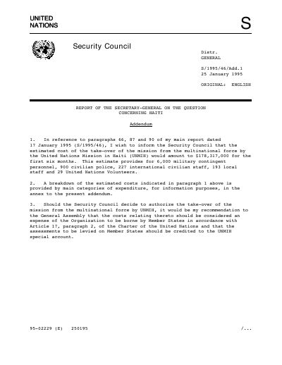 UNMIH - Report of the Secretary-General on the Question Concerning Haiti, Addendum: estimated cost of the mission (S/1995/46/Add.1)