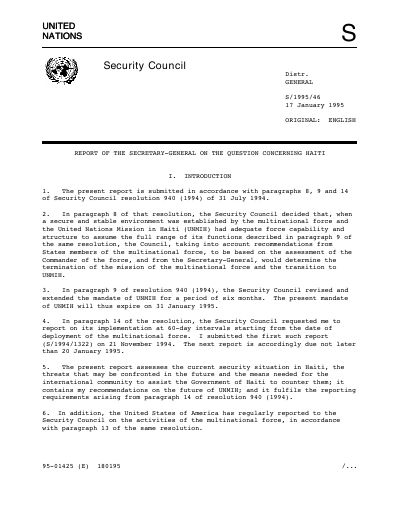 UNMIH - Report of the Secretary-General on the Question Concerning Haiti (S/1995/46)