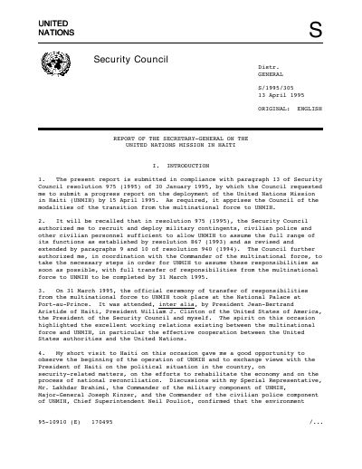 UNMIH - Report of the Secretary-General on the United Nations Mission in Haiti (S/1995/305)